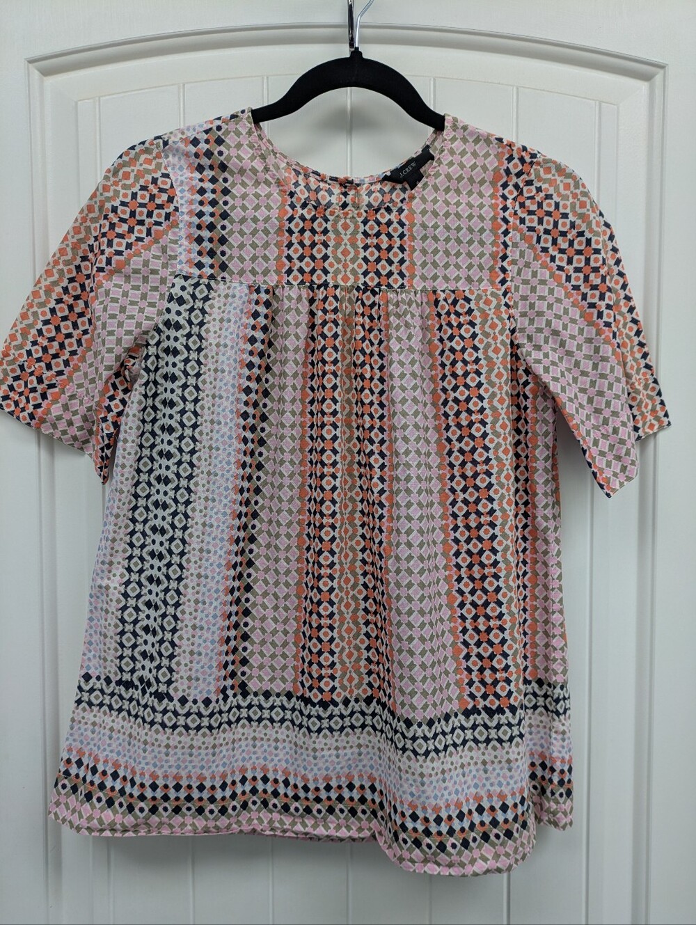 J. Crew Geometric Print Short Sleeve Blouse - Pink, Peach & Navy